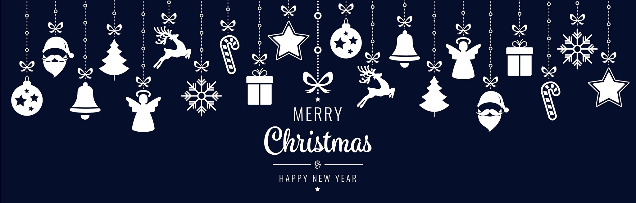White Christmas decorations on blue background with text saying Merry Christmas and Happy New Year